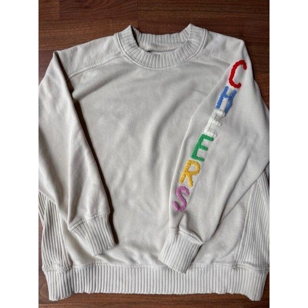 Aerie Down To Earth "CHEERS" Oversized‎ Fleece Crew Sweatshirt Soft Oat SML EUC - Picture 2 of 7
